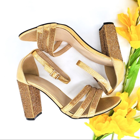 Gold Dress Block Heel with Rhinestones - Picture 2 of 6